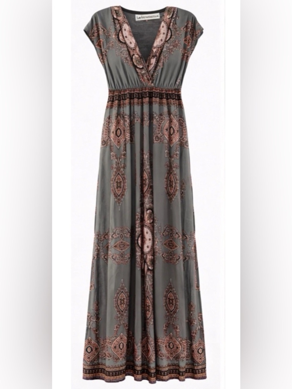 La Leela Olive Gray Printed Maxi Skirt with Rose Accents